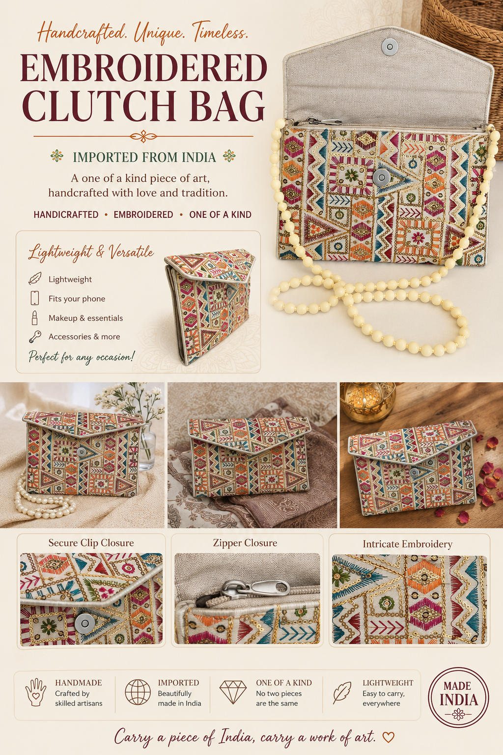 An embroidered clutch bag with a geometric multicolor pattern, shown in a collage layout with multiple views, a pearl necklace prop, and text highlighting its handcrafted, imported-from-India, and personalized features.