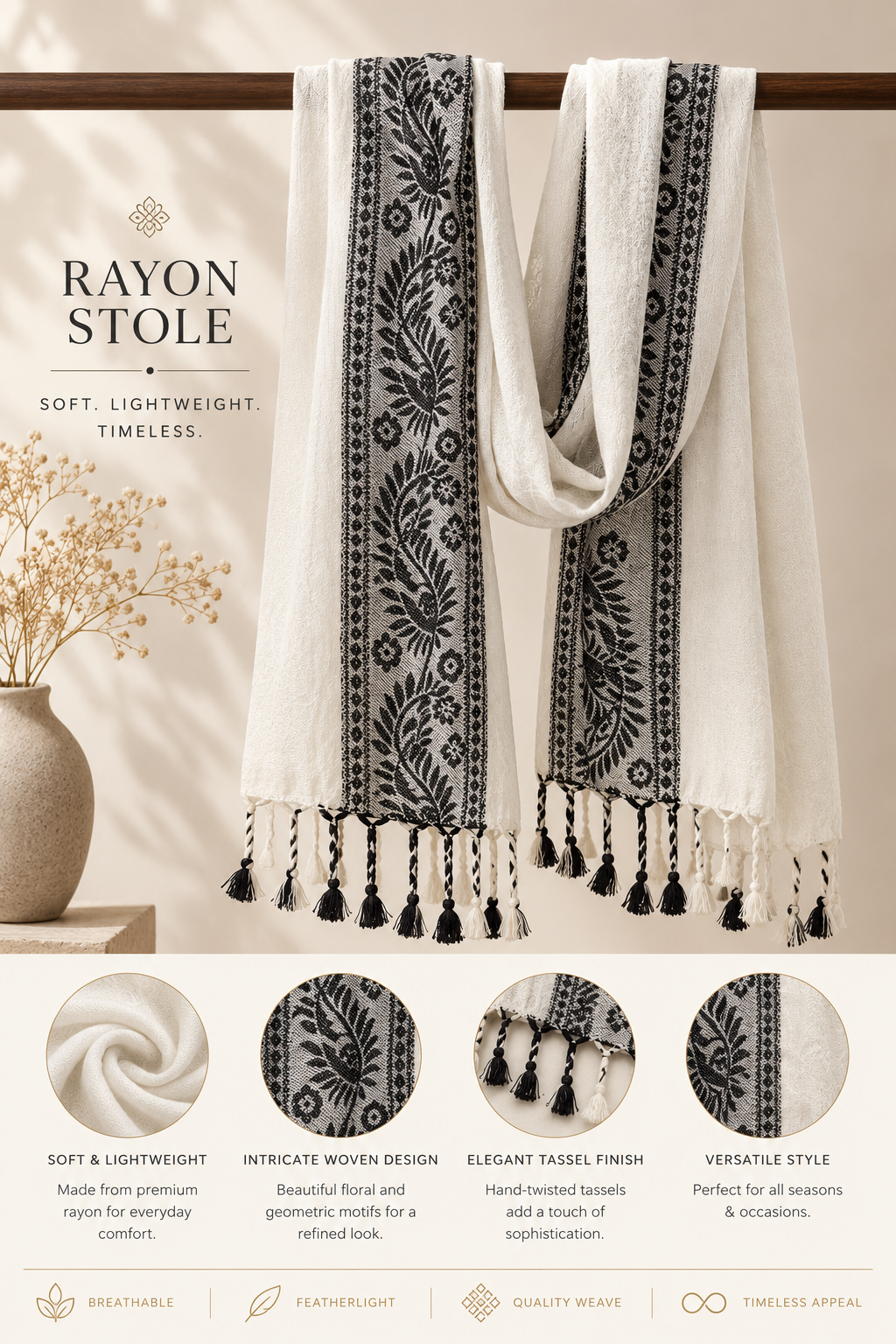 Embroidered Rayon Stole ~ White