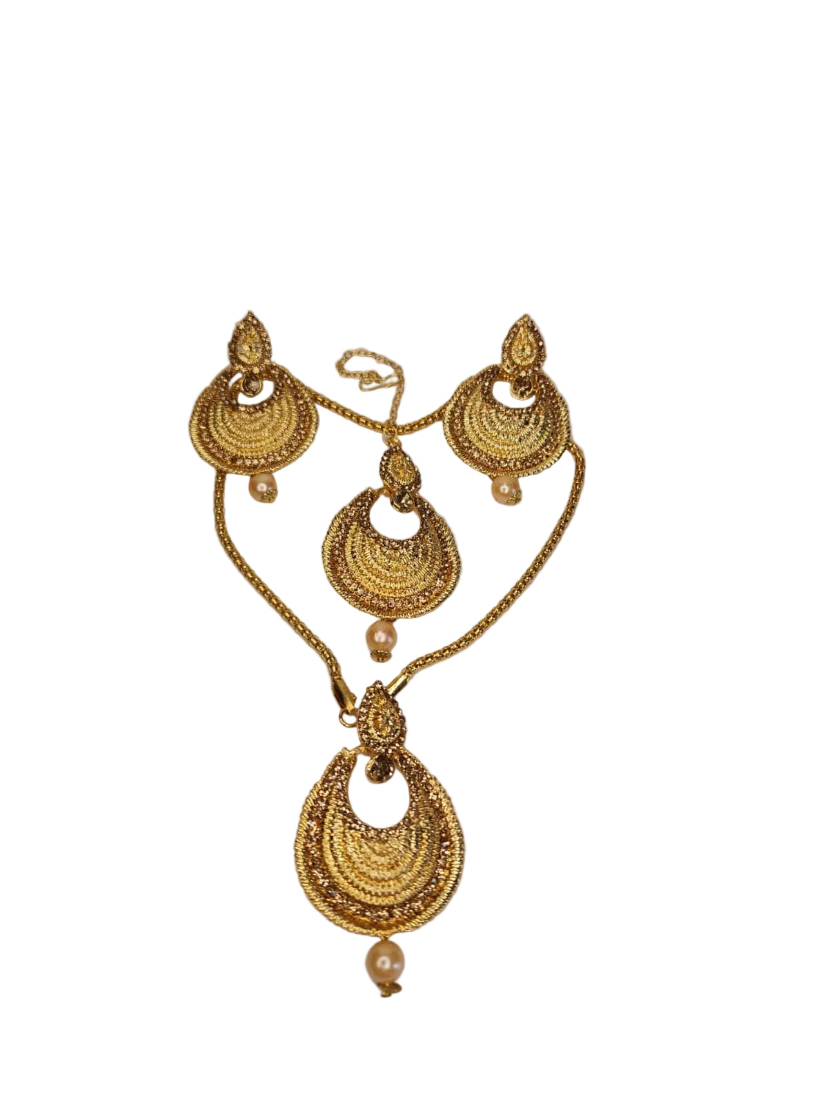 Gold necklace with matching earrings on a light gray background