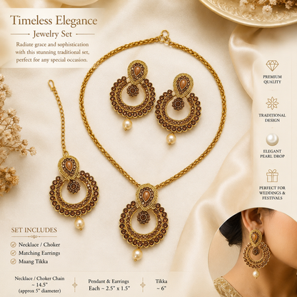 Gold-toned traditional jewelry set with a necklace, matching earrings, and a tikka, displayed on a cream satin background with decorative dried flowers and text callouts. A small inset in the lower right shows the earrings worn on an ear.