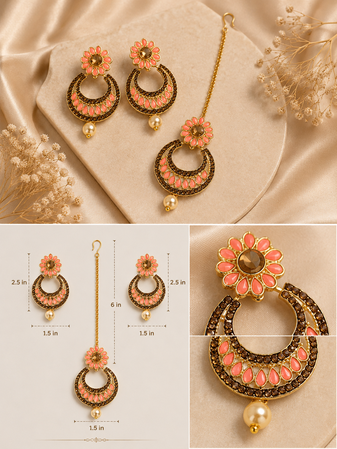 Gold-toned traditional Indian jhumka earrings with coral-pink floral tops and dark brown stone detailing, shown on a beige satin background with a dimension diagram and close-up detail.