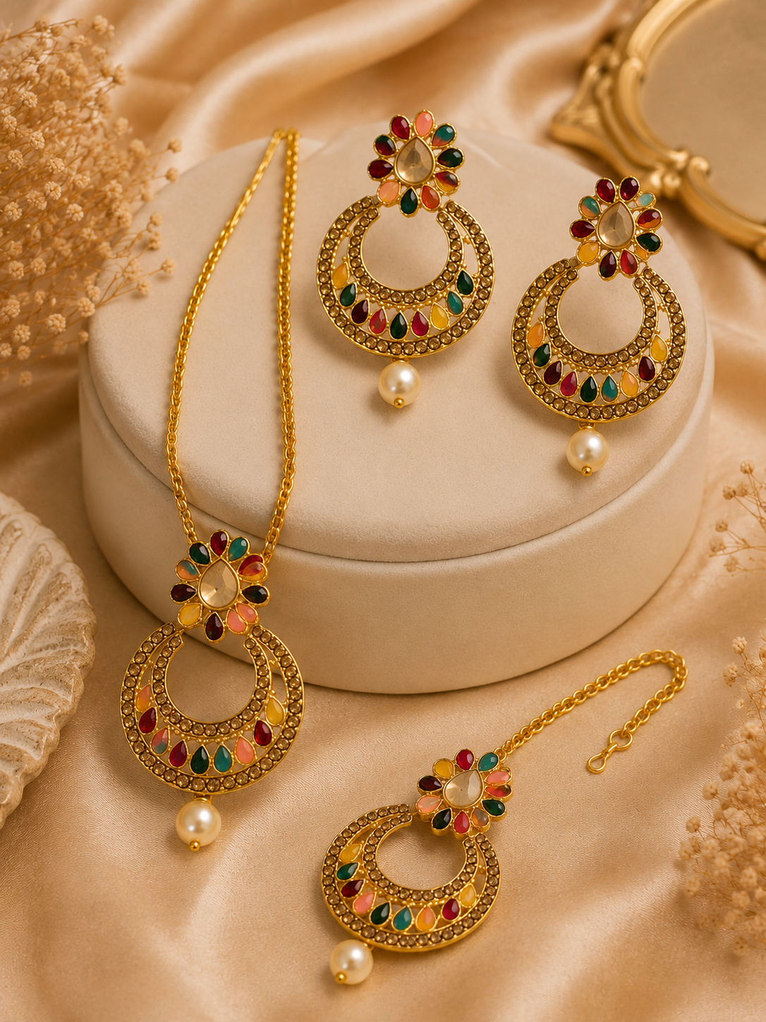 Gold-toned traditional jewelry set displayed on a cream satin surface, including a necklace, earrings, and a small accessory, decorated with multicolored stones and pearl-like beads.