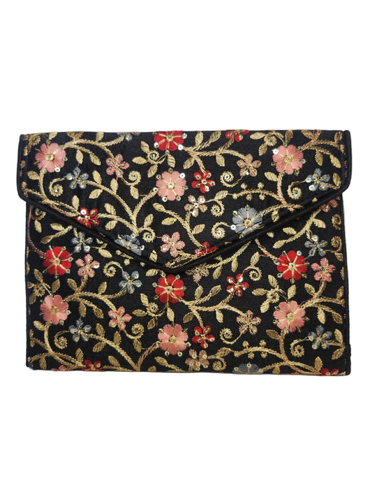 Floral embroidered clutch bag on a white background
