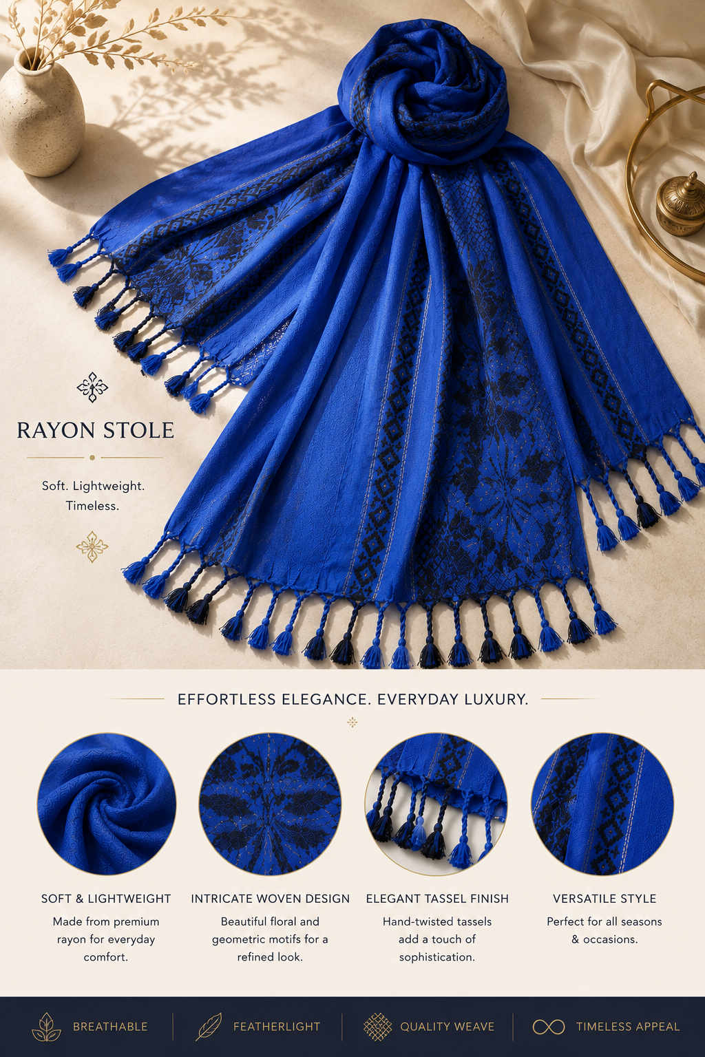 Embroidered Rayon Stole ~ Blue