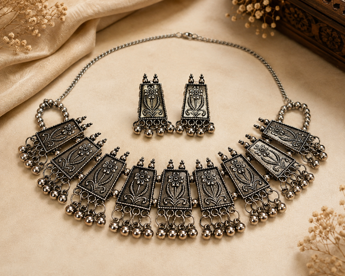 An ornate silver-toned jewelry set featuring a statement necklace and matching earrings, displayed on a beige fabric background with dried floral accents.