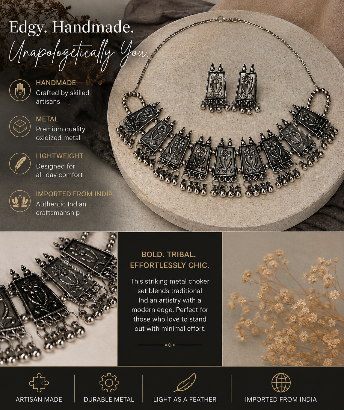 A silver-toned Indian choker necklace and matching earrings set with oxidized details, displayed on a stone pedestal with promotional text and close-up detail panels.