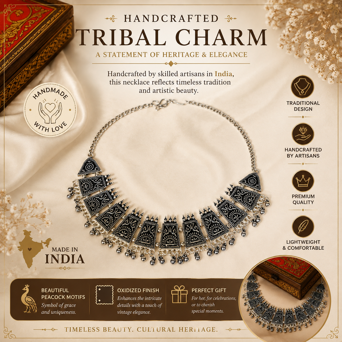 A handcrafted tribal necklace with oxidized black details and silver-toned metal, displayed on a cream satin background with decorative text and product feature callouts.