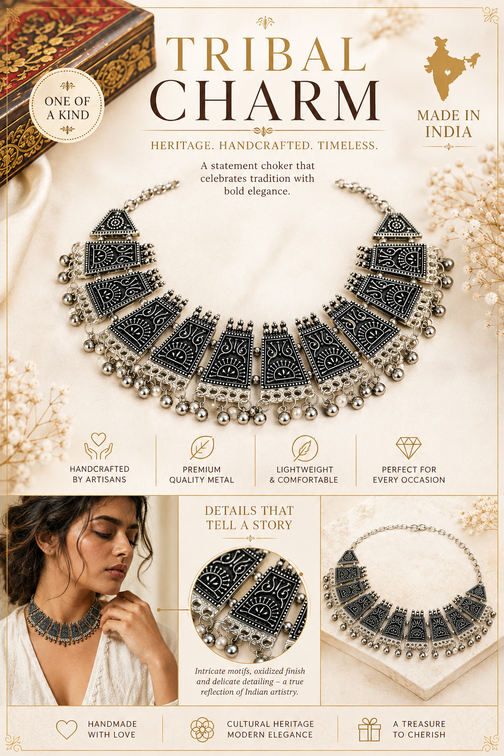 A promotional product graphic for a Tribal Choker necklace. The main product is shown in large centered detail, with additional inset views of a woman wearing the necklace, a close-up detail panel, and marketing text including 'TRIBAL CHOKER,' 'Heritage.