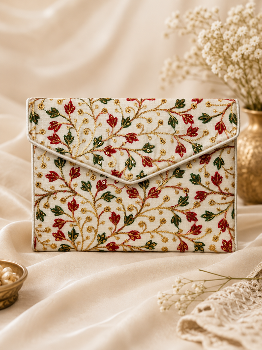 A cream-colored clutch bag with an intricate floral vine pattern in red, green, and gold embroidery, styled on draped cream fabric with dried flowers in the background.