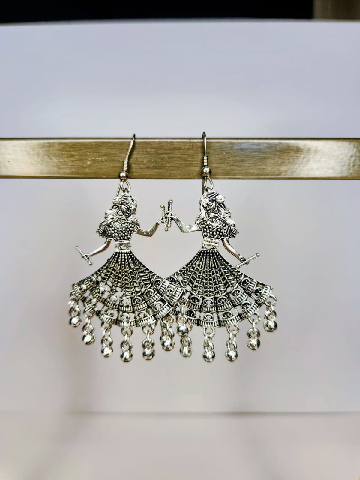 silver dancing earrings garba music metal dangle