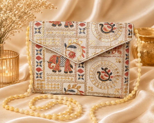 An embroidered flap shoulder bag with a cream base and intricate multicolor textile patterns, styled on draped satin fabric with decorative dried flowers and a gold vessel.