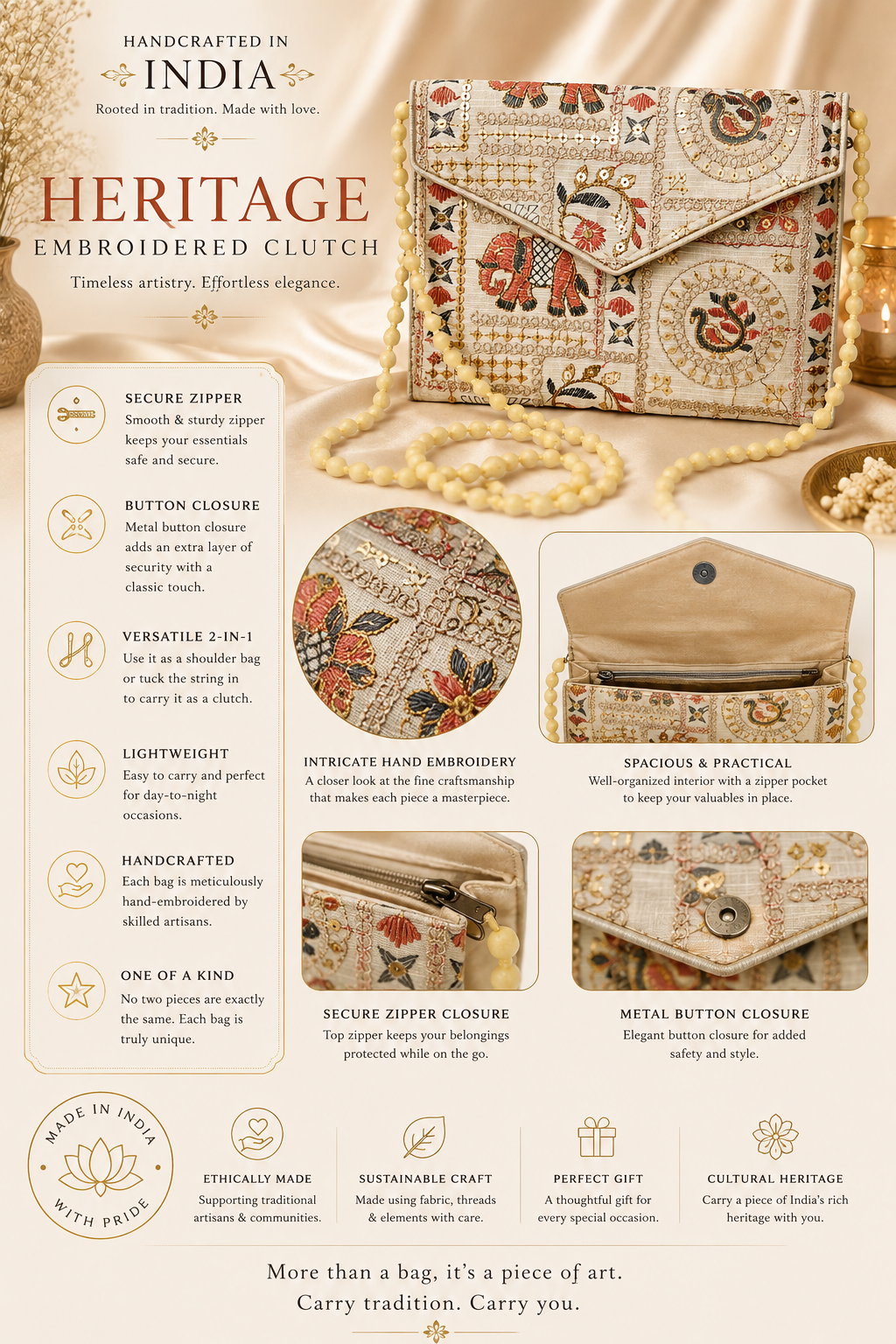 A luxury embroidered clutch bag in a beige and gold tone with intricate traditional Indian patterns, displayed on a gold textured background with detailed product features and specifications listed on the left side.