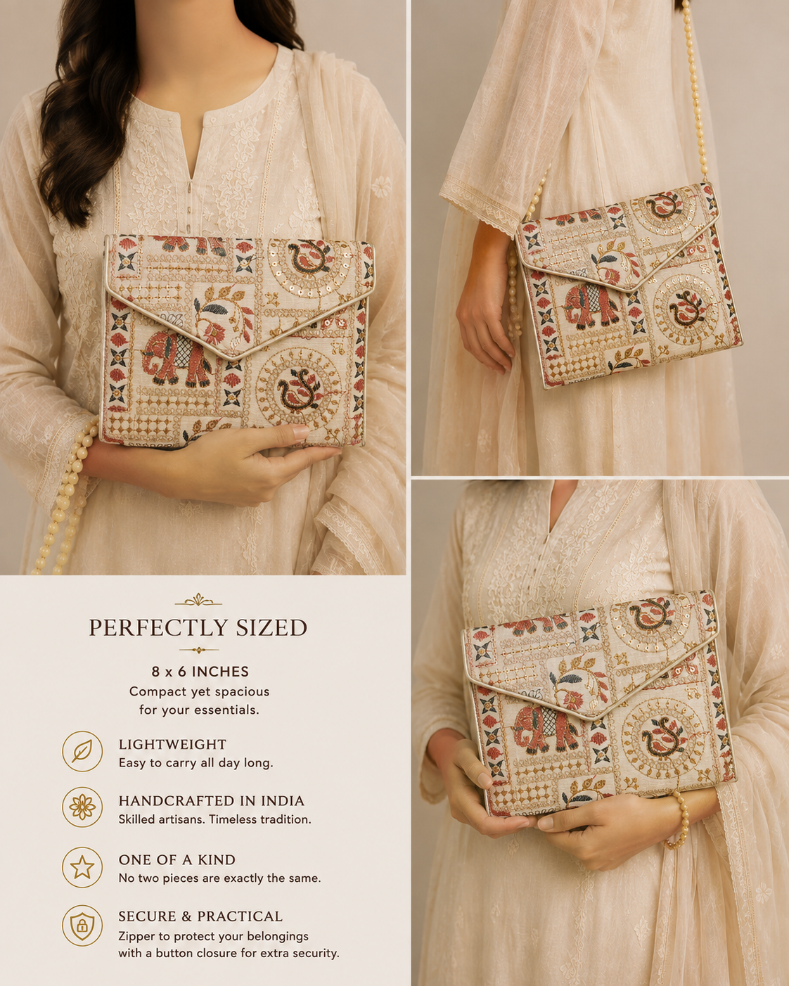 A collage showing a woman in a cream-colored traditional outfit holding and modeling a small rectangular embroidered clutch bag. The bag has intricate floral and geometric patterns in beige, red, and green.