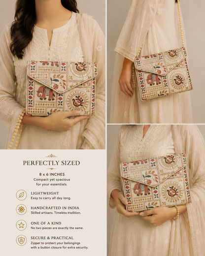 A collage showing a woman in a cream-colored traditional outfit holding and modeling a small rectangular embroidered clutch bag. The bag has intricate floral and geometric patterns in beige, red, and green.