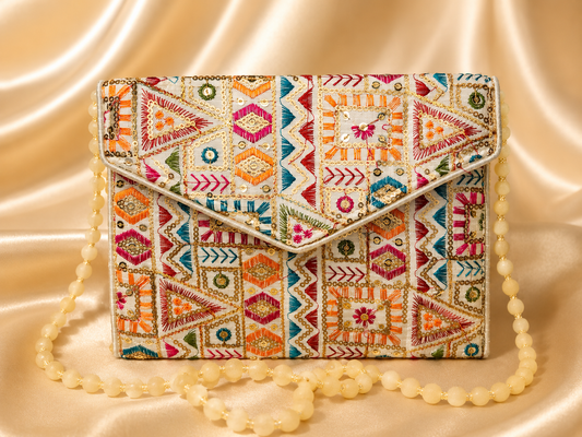 A rectangular clutch bag with an intricate multicolor geometric and tribal-style embroidered pattern on a cream base, featuring a flap closure and a cream beaded shoulder strap, set against a draped champagne satin background.