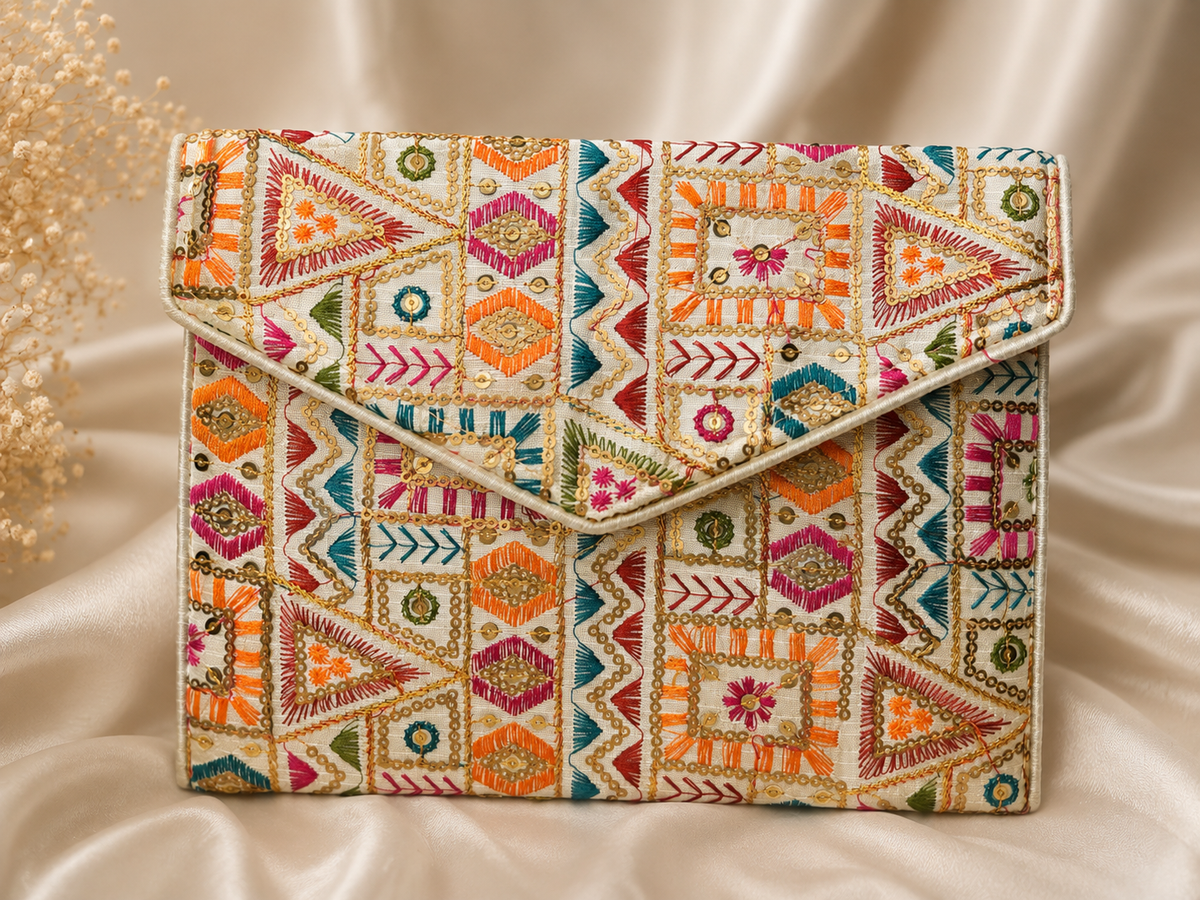 A rectangular clutch bag with a vibrant, multicolored geometric and tribal-inspired embroidery pattern on a cream base, styled on a draped beige satin fabric background.