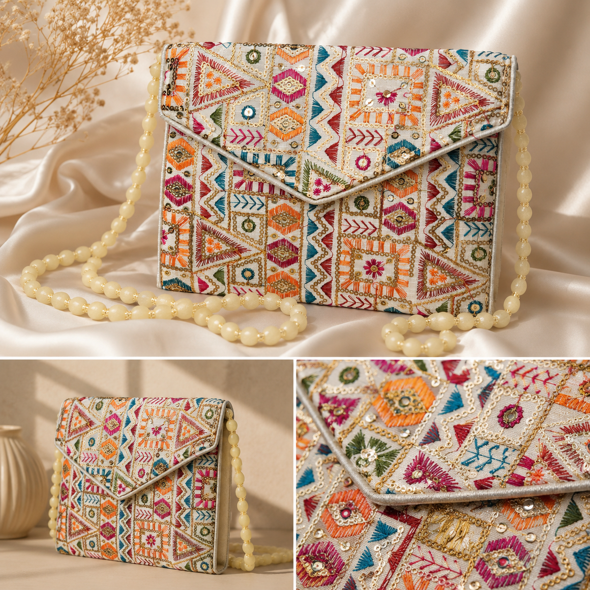 A small flap shoulder bag with an intricate multicolor geometric and floral patchwork embroidery, featuring a cream beaded strap, shown in a styled studio setting with a cream satin drape and dried floral accents.