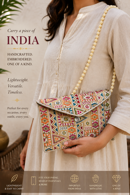 A woman in a cream-colored dress holds a colorful embroidered flap shoulder bag with a beaded strap. The image includes promotional text about the bag being handcrafted and embroidered, and a feature banner at the bottom.