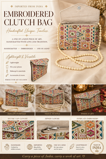 An embroidered clutch bag with a multicolor geometric and floral pattern, shown in a styled collage with decorative pearls, gold-toned accessories, and text highlighting its handcrafted, lightweight, and versatile appeal.