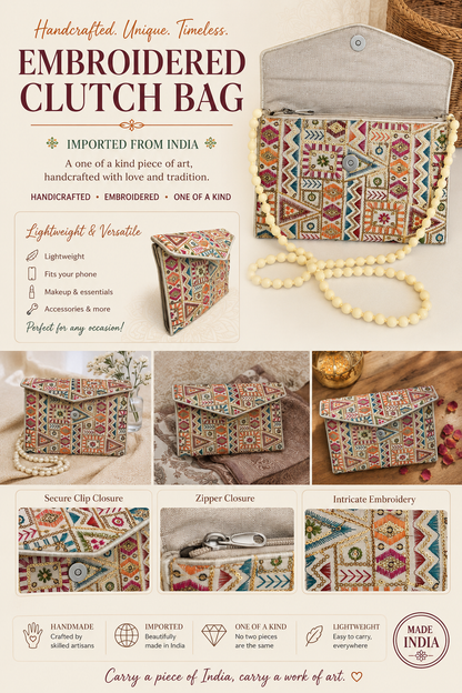 An embroidered clutch bag with a geometric multicolor pattern, shown in a collage layout with multiple views, a pearl necklace prop, and text highlighting its handcrafted, imported-from-India, and personalized features.
