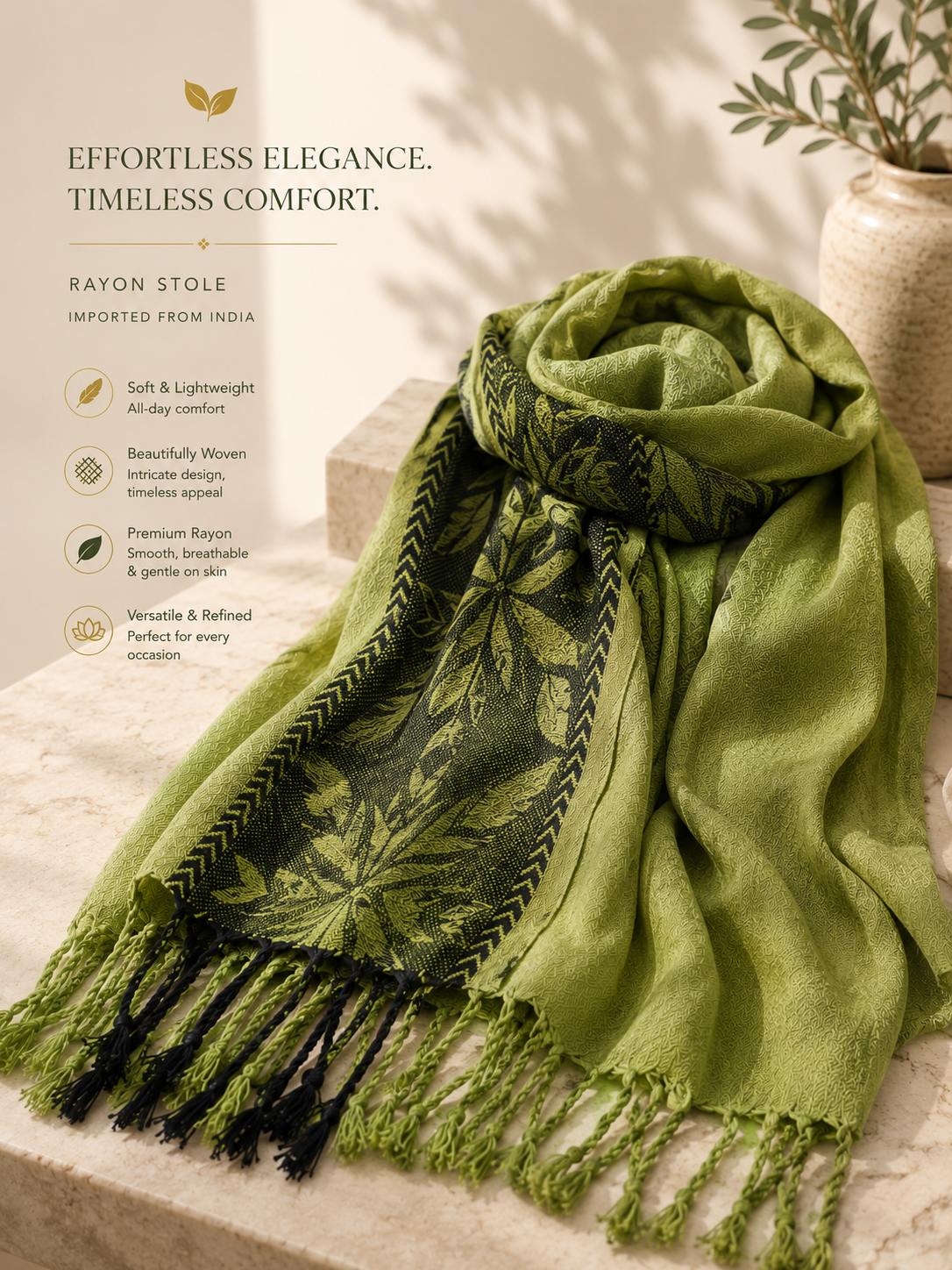 Embroidered Rayon Stole ~ Green