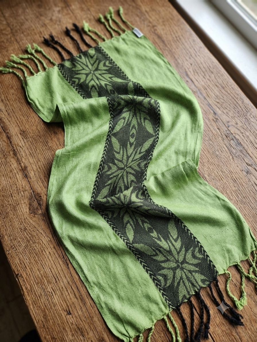 A light green woven scarf with black floral patterns and fringed ends, laid flat on a rustic wooden table.