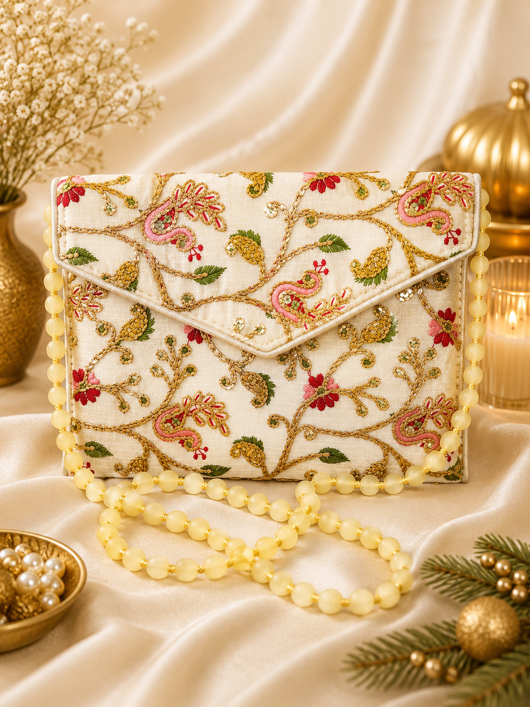 An embroidered cream clutch bag with a gold beaded strap, decorated with pink peacocks, green leaves, and red flowers on a draped satin fabric background.