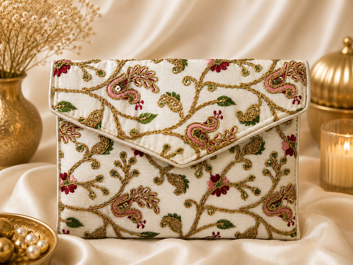 An embroidered clutch bag with a cream base, featuring intricate gold, pink, and green floral and paisley embroidery, styled on draped satin fabric with decorative gold props.