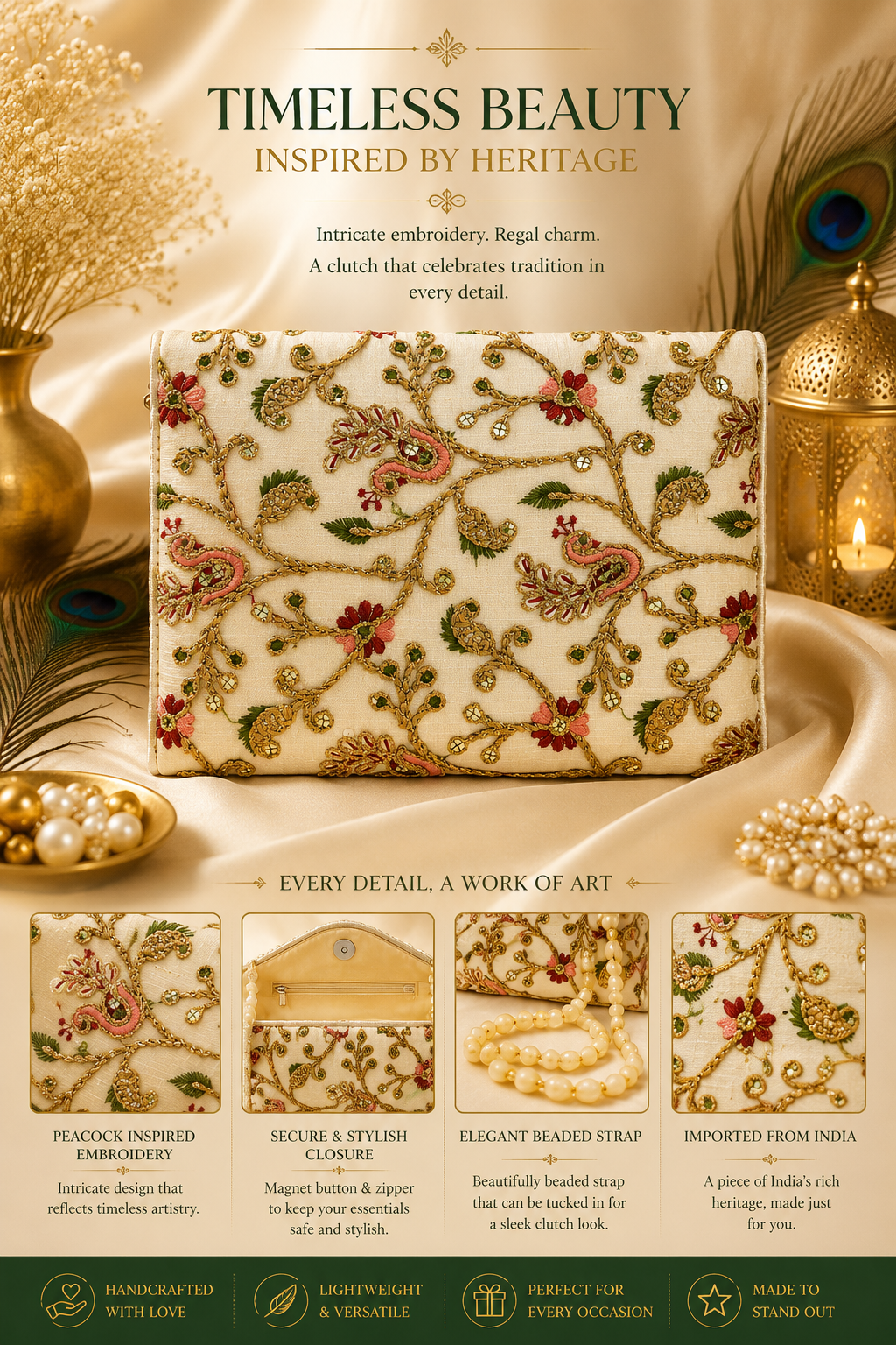 An ornate beige clutch bag with intricate gold embroidery, red floral motifs, and green leaves, displayed on a draped satin fabric with decorative gold props and text overlays.
