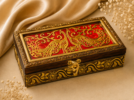 An ornate rectangular wooden keepsake box with a red and gold phoenix design on the lid, decorated with gold floral patterns on the sides, set against a beige satin fabric background with dried flowers.