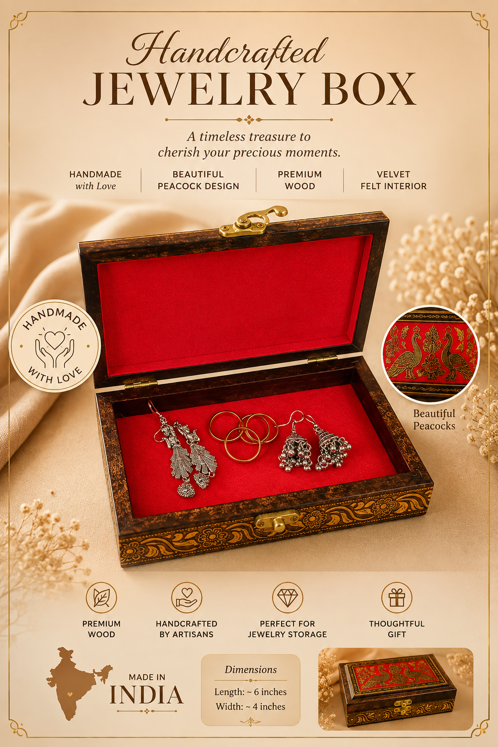 A handcrafted wooden jewelry box with a red velvet interior, shown open and styled with jewelry. The image is a promotional graphic with text highlighting features such as premium wood, velvet felt interior, and handmade craftsmanship, on a warm beige background with decorative fabric and flowers.