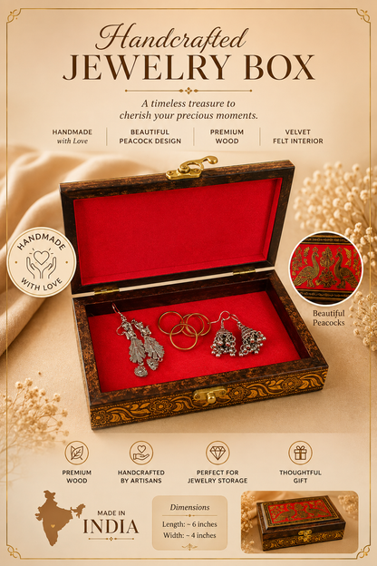 A handcrafted wooden jewelry box with a red velvet interior, shown open and styled with jewelry. The image is a promotional graphic with text highlighting features such as premium wood, velvet felt interior, and handmade craftsmanship, on a warm beige background with decorative fabric and flowers.