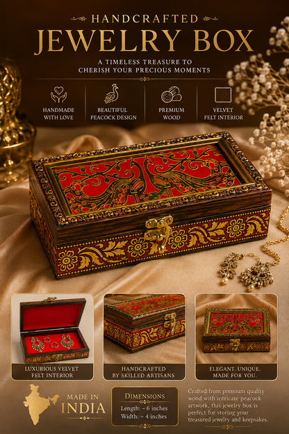 A handcrafted jewelry box with ornate red and gold floral patterns on a dark wood base, shown in a luxurious presentation with jewelry props and text overlays highlighting its features.