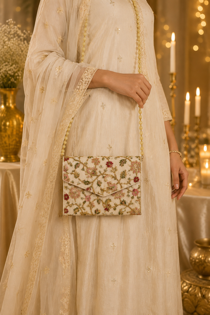 A woman wearing a cream-colored traditional outfit with gold embroidery and holding a matching cream clutch bag decorated with a floral pattern and gold trim.