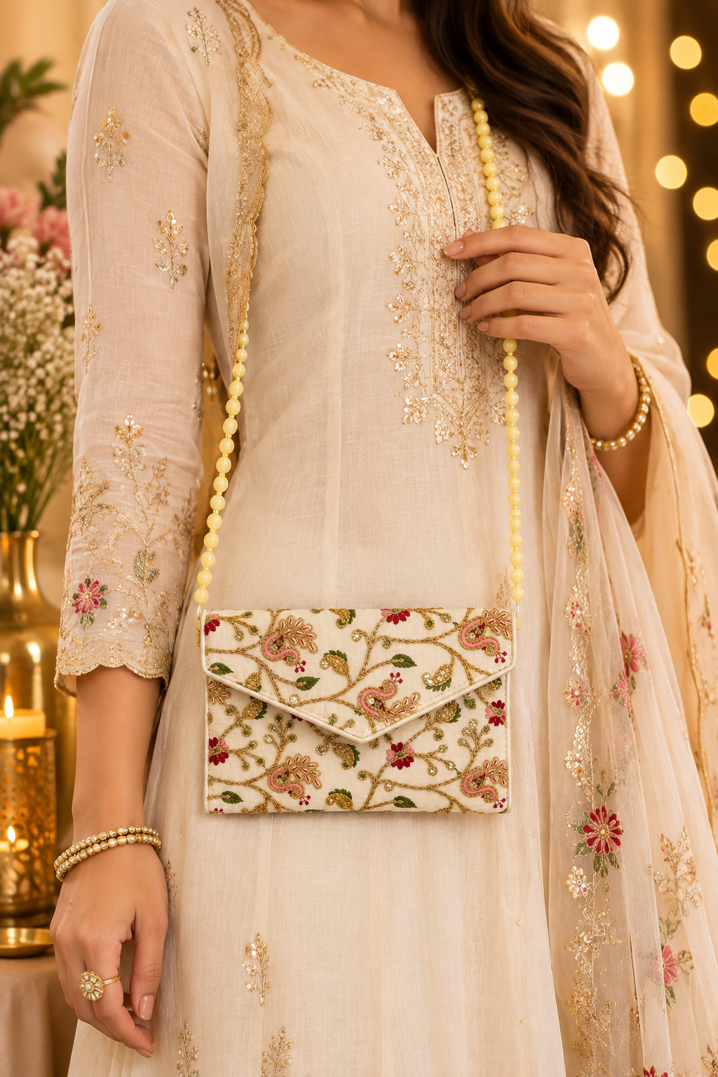 A woman wearing a cream-colored embroidered traditional outfit with a matching floral clutch bag featuring a beaded strap, set against a warm, softly blurred background with bokeh lights.