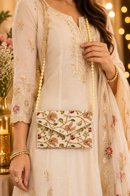 A woman wearing a cream-colored embroidered traditional outfit with a matching floral clutch bag featuring a beaded strap, set against a warm, softly blurred background with bokeh lights.