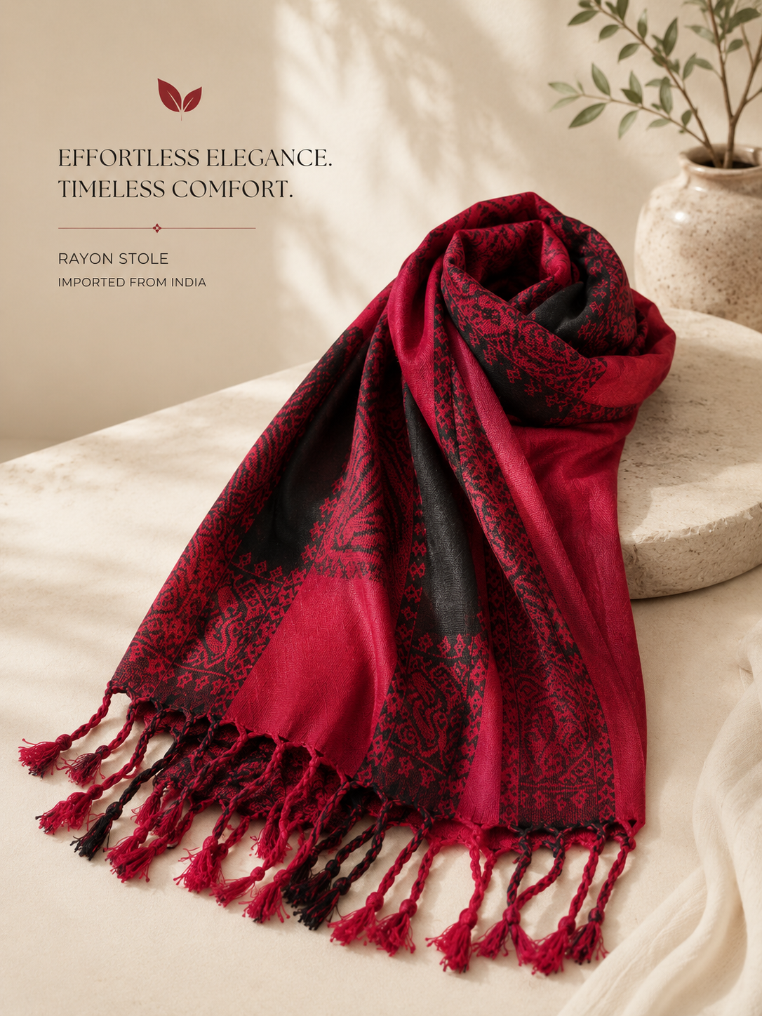 Embroidered Rayon Wrap ~ Ruby Red and Black