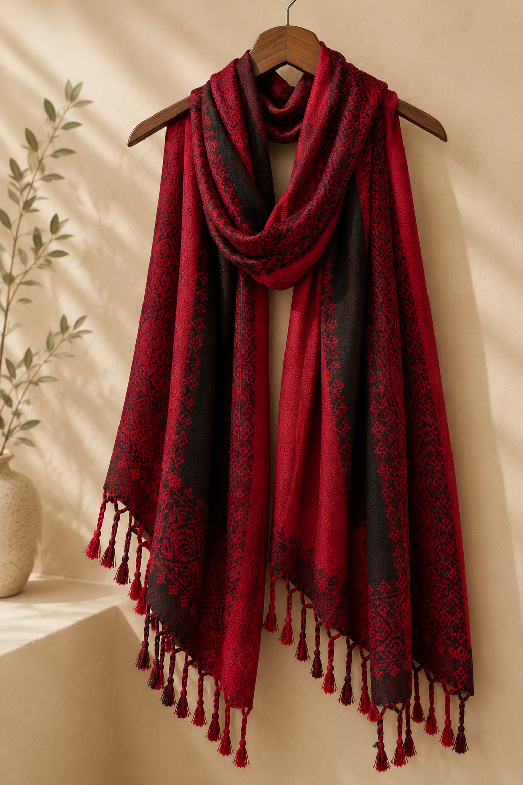 Embroidered Rayon Wrap ~ Ruby Red and Black