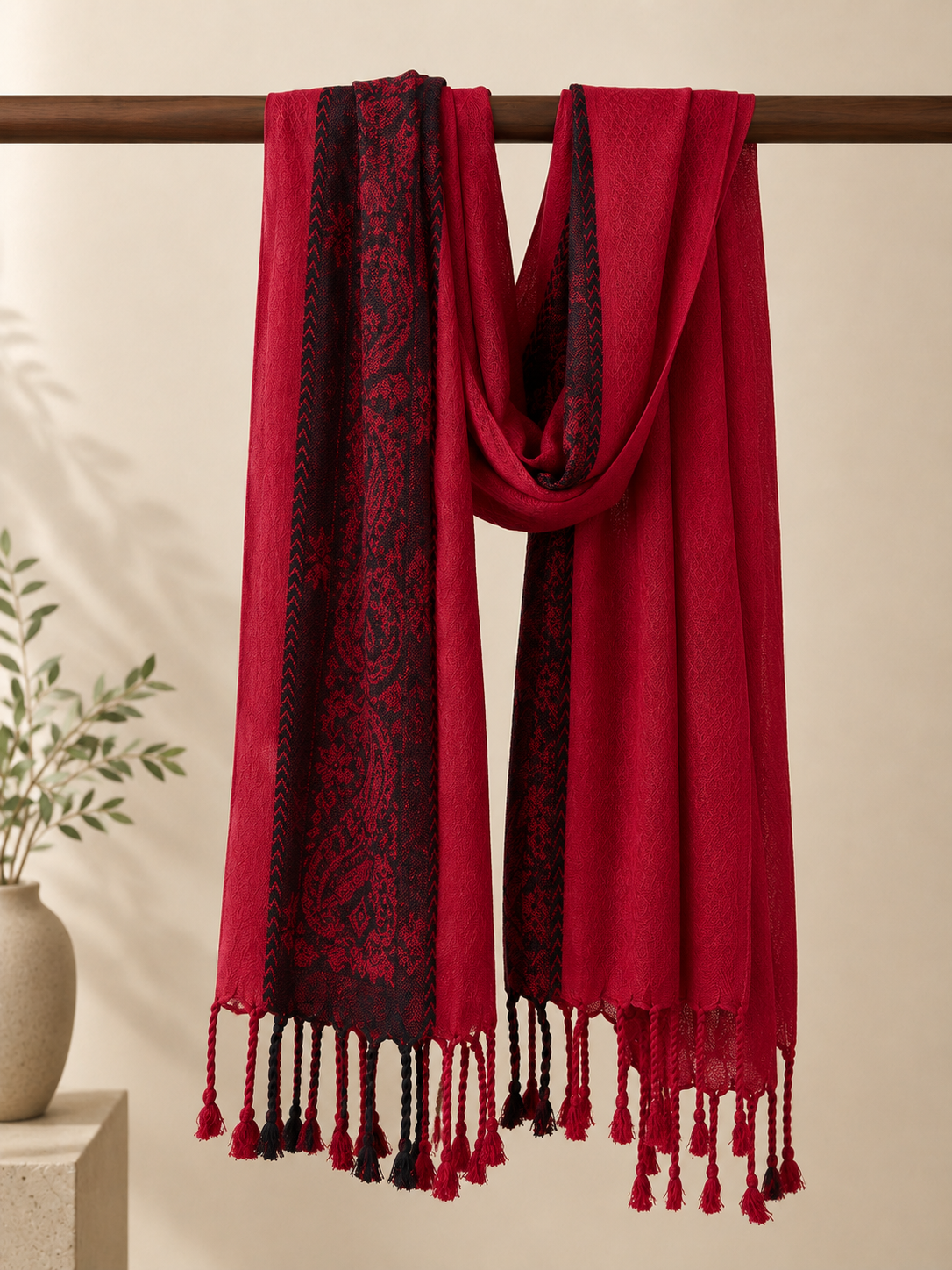 Embroidered Rayon Wrap ~ Ruby Red and Black