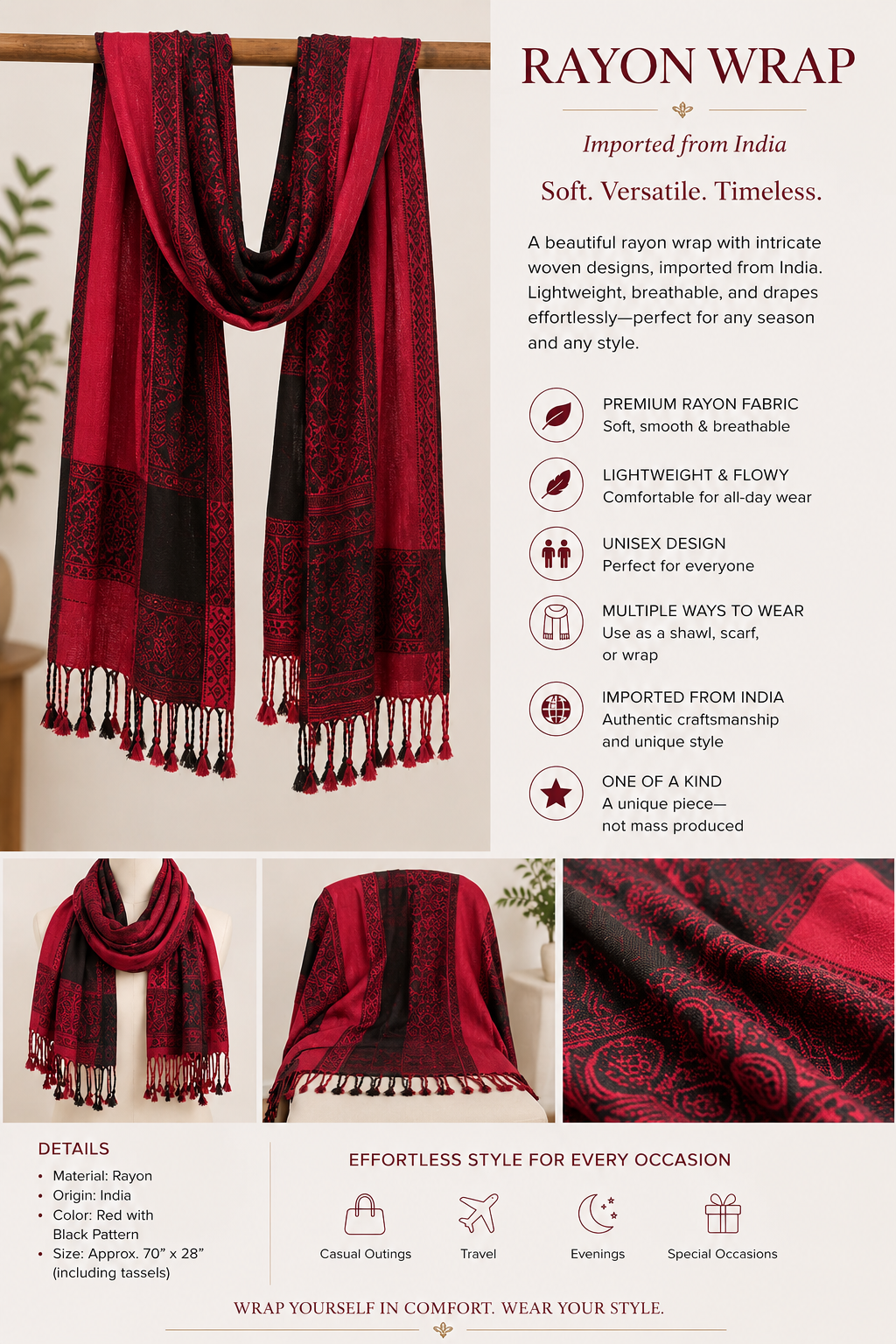 Embroidered Rayon Wrap ~ Ruby Red and Black