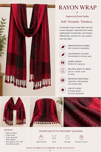 Embroidered Rayon Wrap ~ Ruby Red and Black