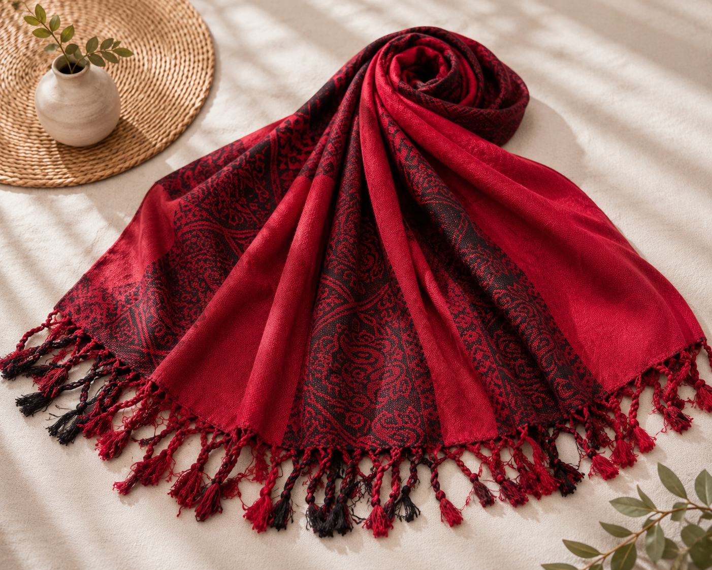 Embroidered Rayon Wrap ~ Ruby Red and Black