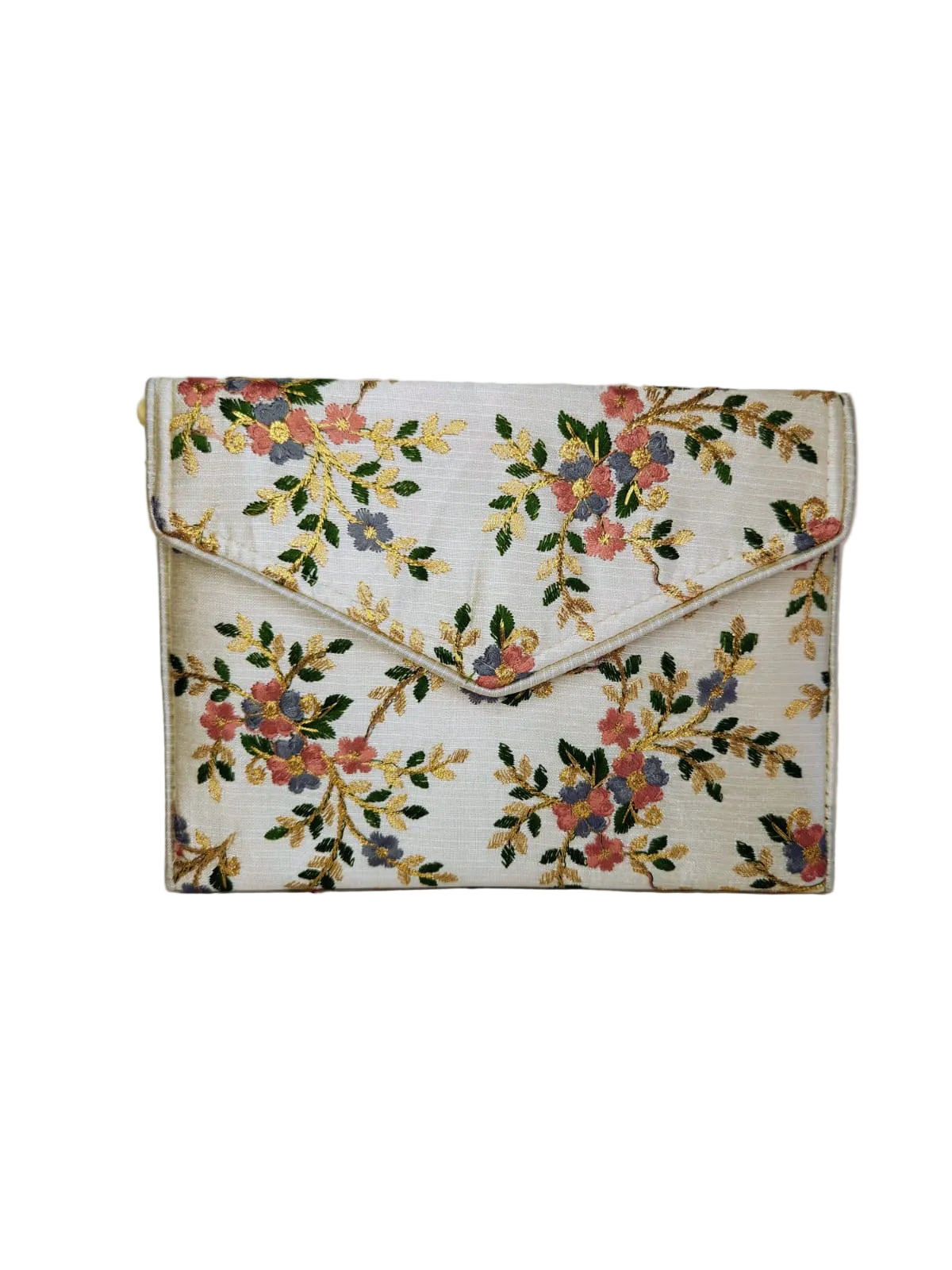 Floral embroidered clutch bag on a white background