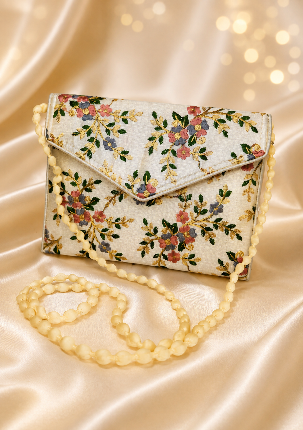 A cream-colored fabric clutch bag with a colorful floral pattern, featuring a matching cream beaded shoulder strap, displayed on a shimmering gold satin background.