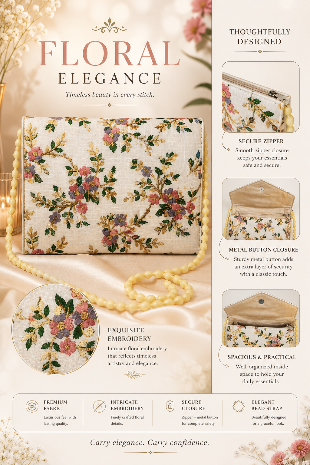 A floral embroidered clutch bag displayed on a beige background with decorative text callouts describing its features, including a secure zipper, metal button closure, and intricate embroidery. The clutch has a cream base with pink, green, and gold floral patterns.