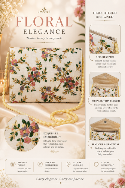 A floral embroidered clutch bag displayed on a beige background with decorative text callouts describing its features, including a secure zipper, metal button closure, and intricate embroidery. The clutch has a cream base with pink, green, and gold floral patterns.