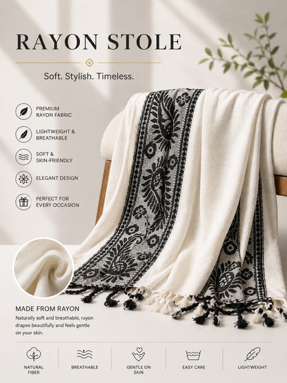 Embroidered Rayon Stole ~ White