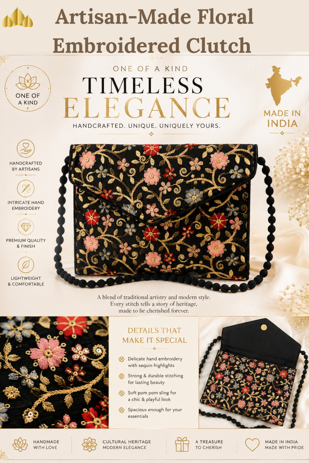 Promotional graphic for a floral embroidered clutch bag, showing the bag front and back, with decorative text including 'Artisan-Made Floral Embroidered Clutch' and 'Timeless Elegance' on a warm beige background.